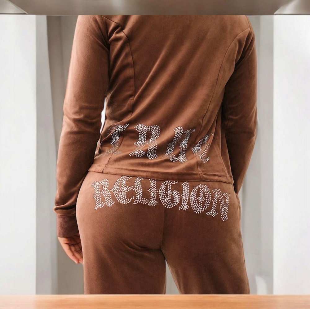 TRUE RELIGION CRYSTAL HORSESHOE VELOUR TRACK JACKET COLOR BRANCH SZ XXL